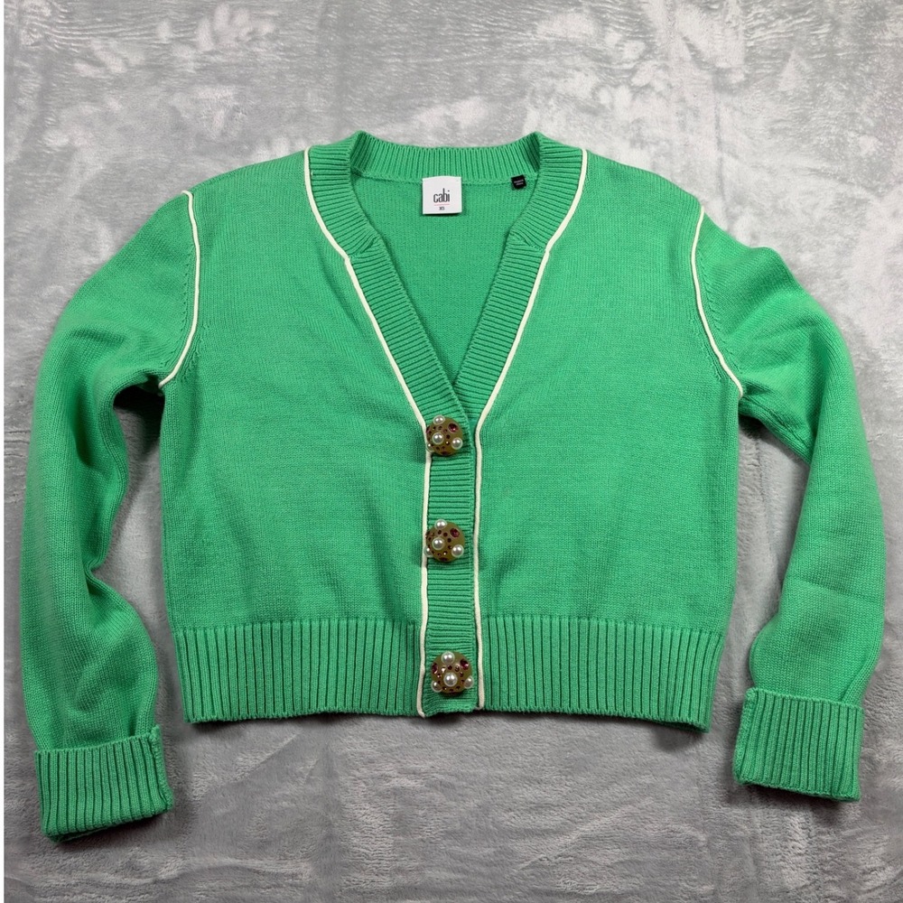 CAbi Wallis Cardigan XS Julep Green Cropped Jewel Pearl Buttons 5459
